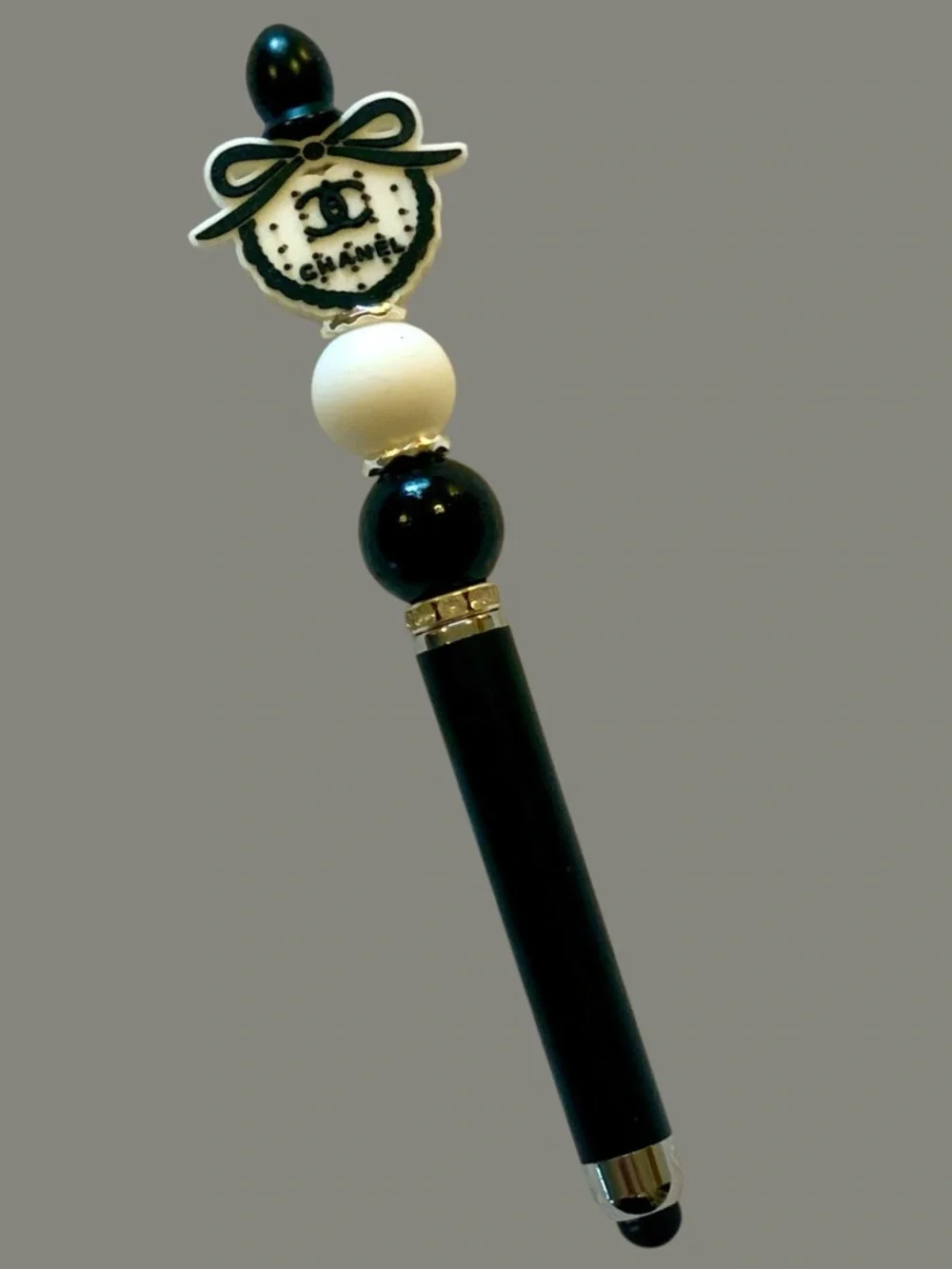 Black and White Fashion Beaded Stylus with Logo Charm Handmade